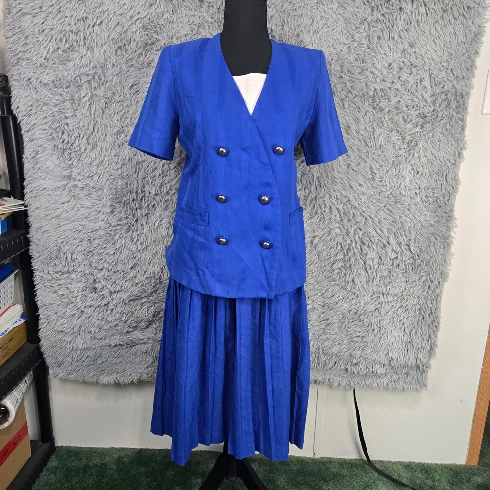 Halmode‎ Petites Skirt Suit Womens 6 Blue Double Breasted Pleated Vintage 100343